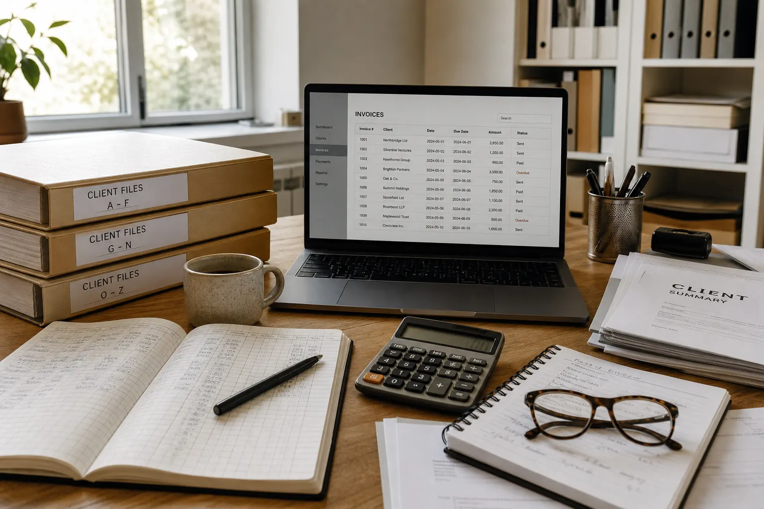 Accounting desk with client folders and invoice workflow on a laptop