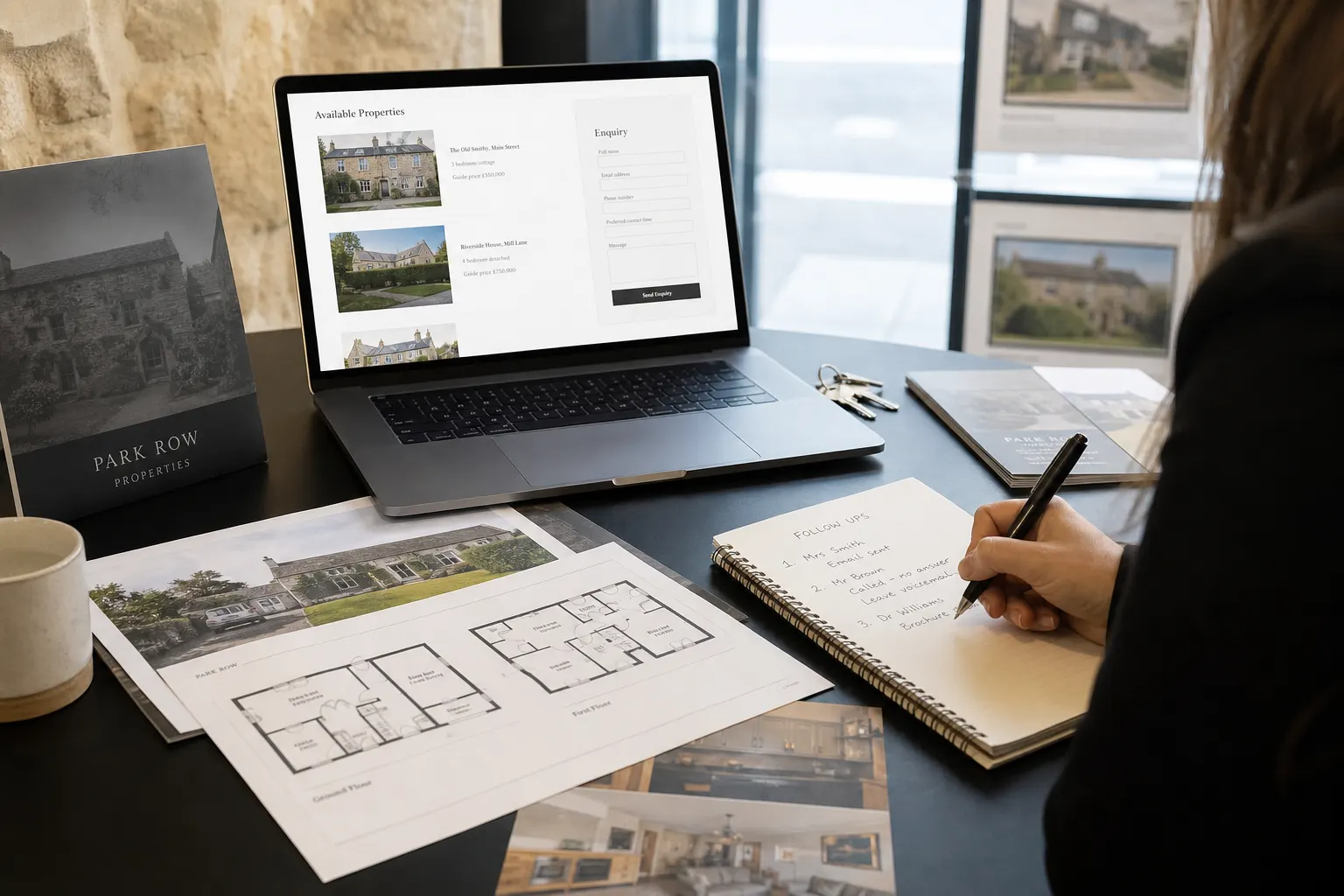 Real estate desk with property listings and enquiry notes