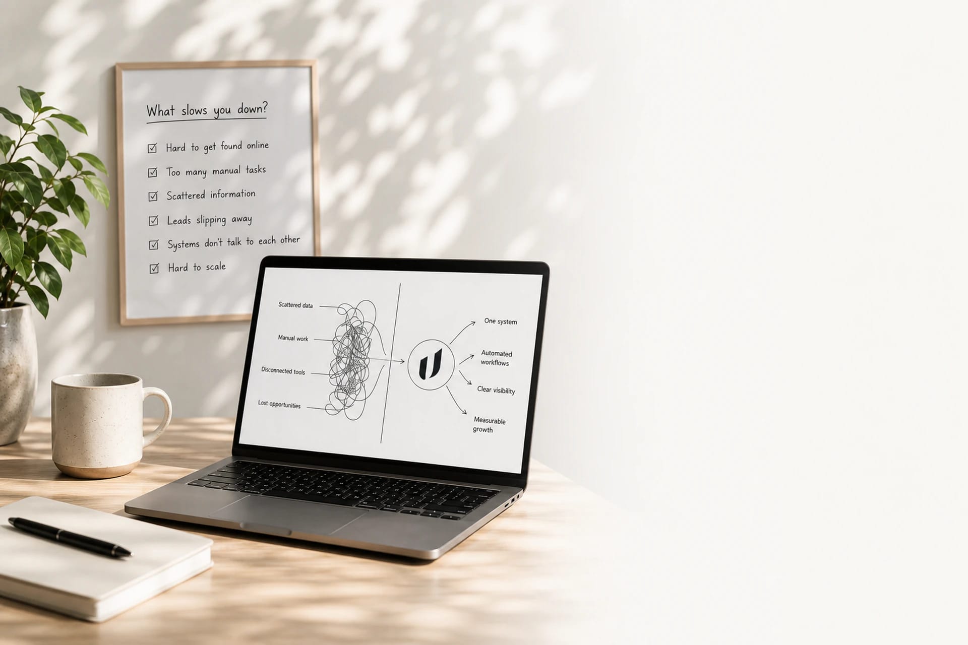 Desk with problem-to-solution diagram and a checklist of what slows you down