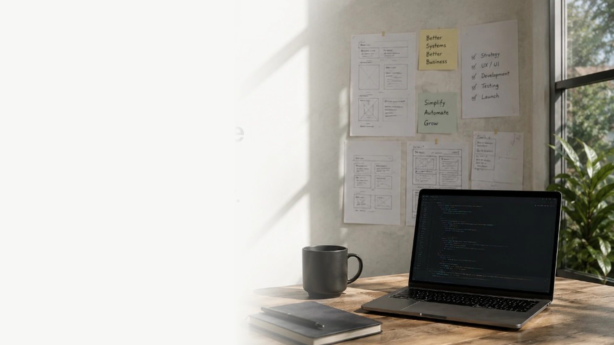 Bright workspace desk with laptop, notebook, pinned wireframes, and soft window light