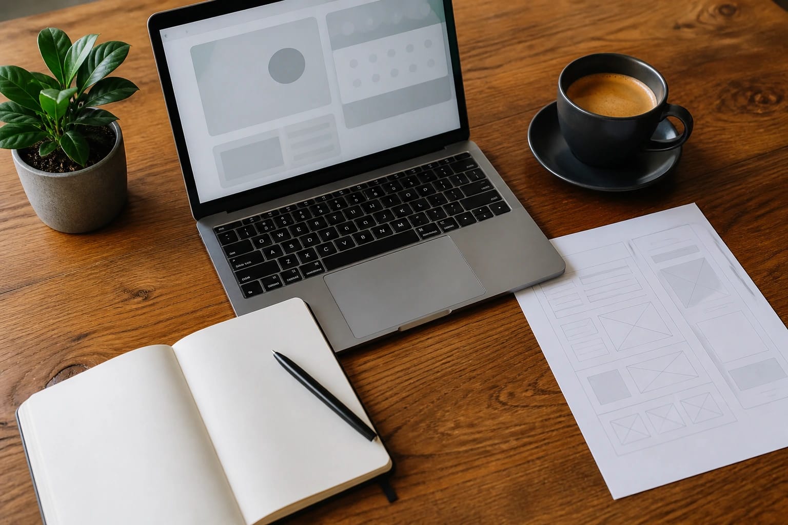 Agency studio desk with notebook, wireframes, and laptop