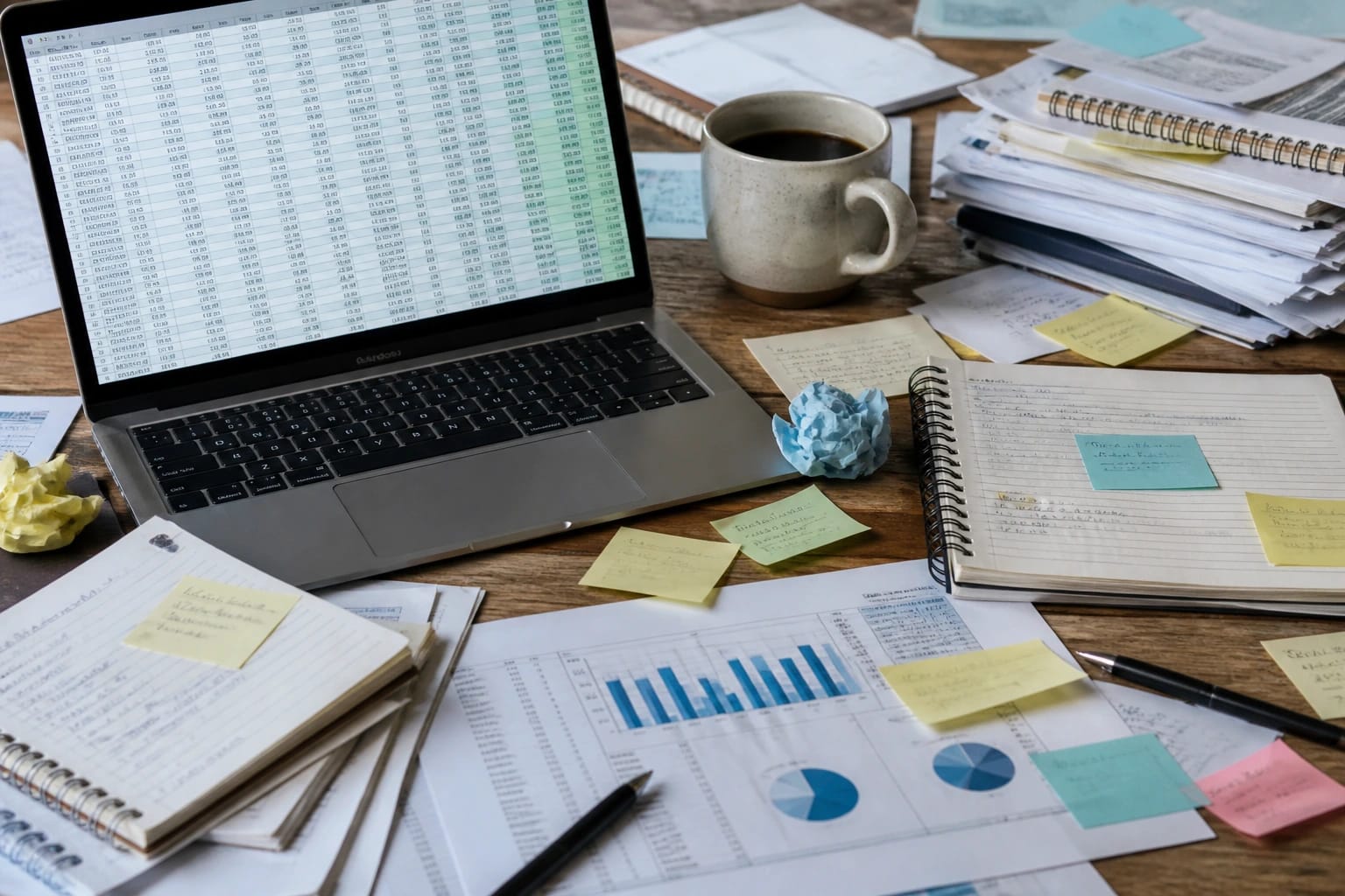 Cluttered desk with sticky notes, notebook, and laptop spreadsheet