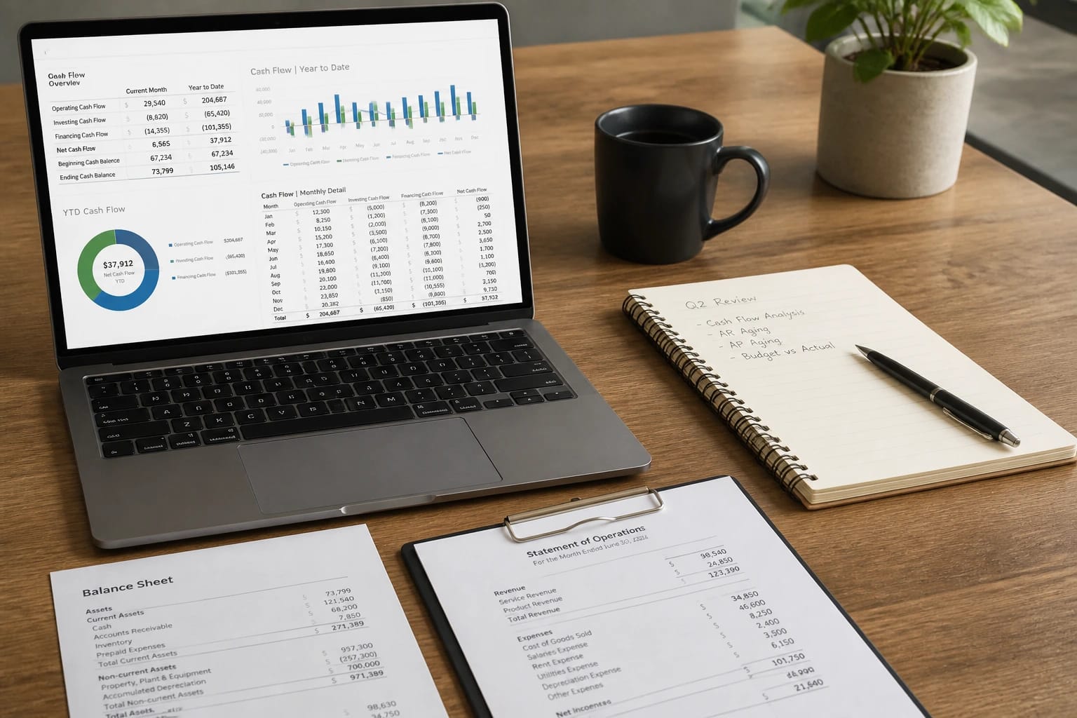 Accounting desk with laptop, notebook, and reports