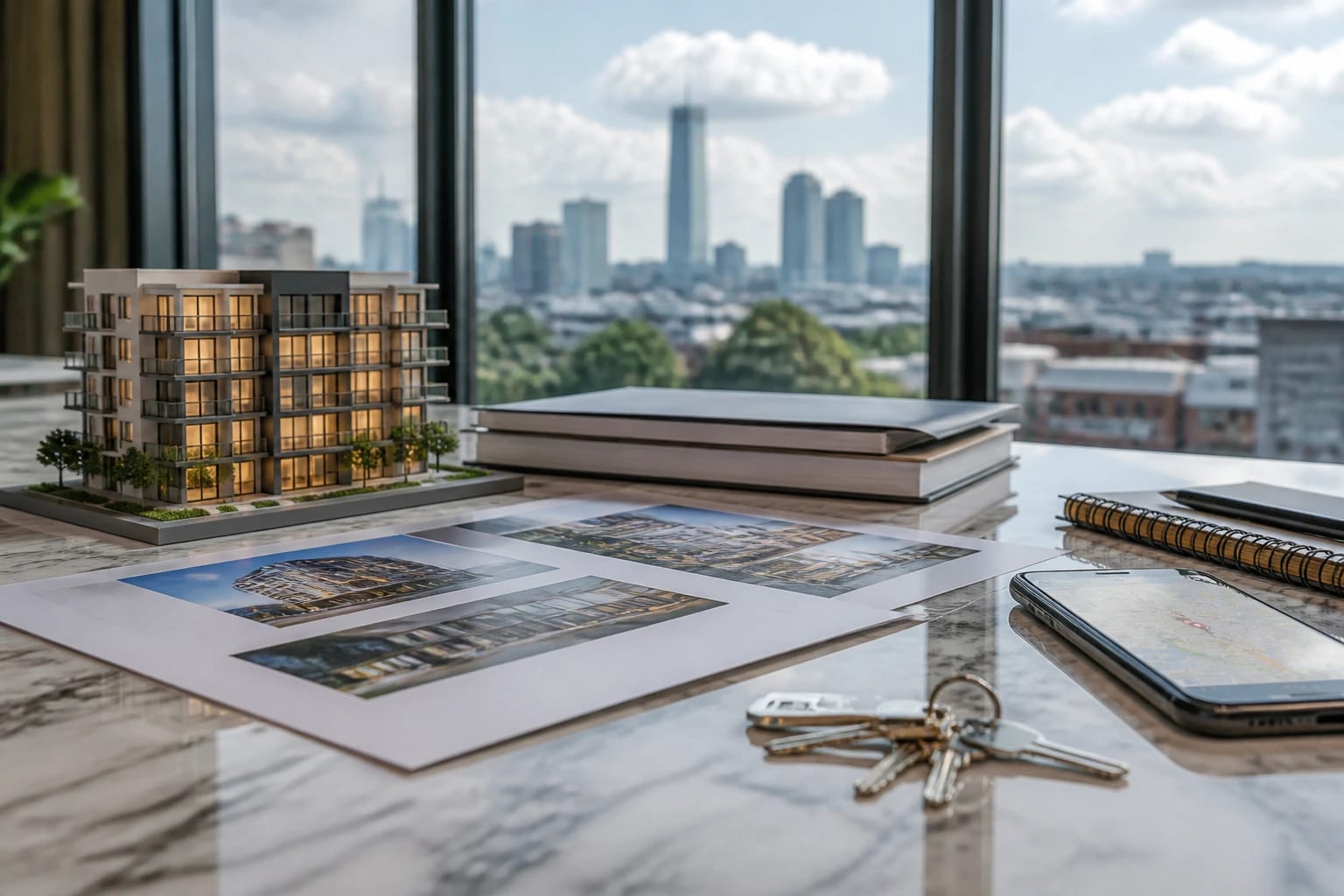 Real estate desk with listings, map phone, and enquiry notebook