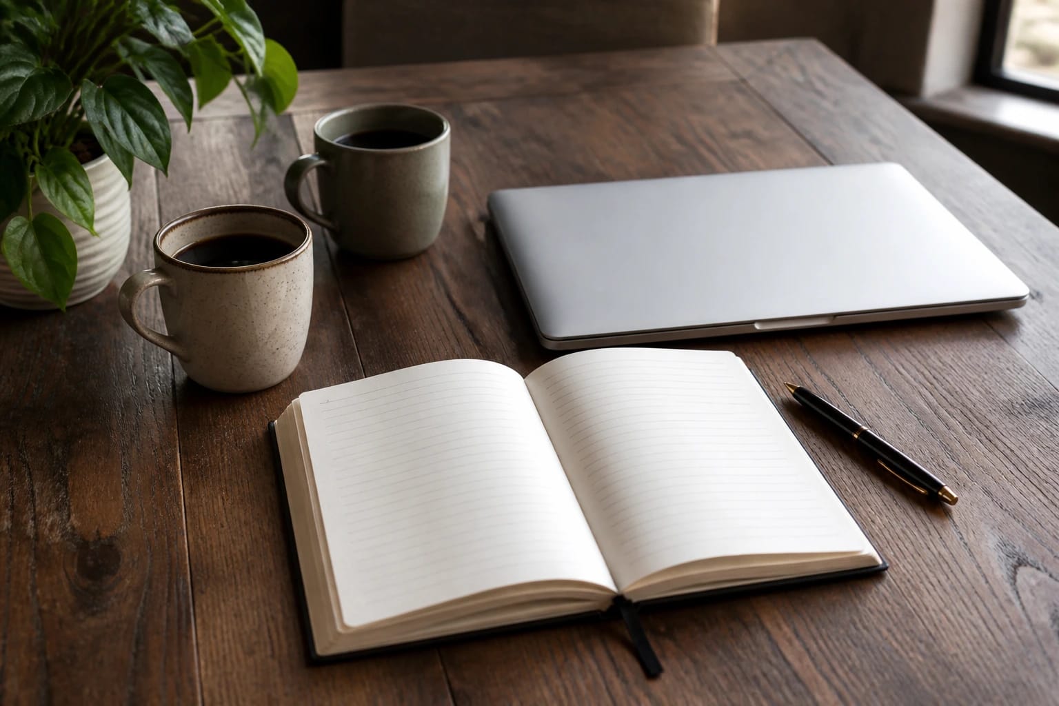 Partner desk with two cups, notebook, and laptop