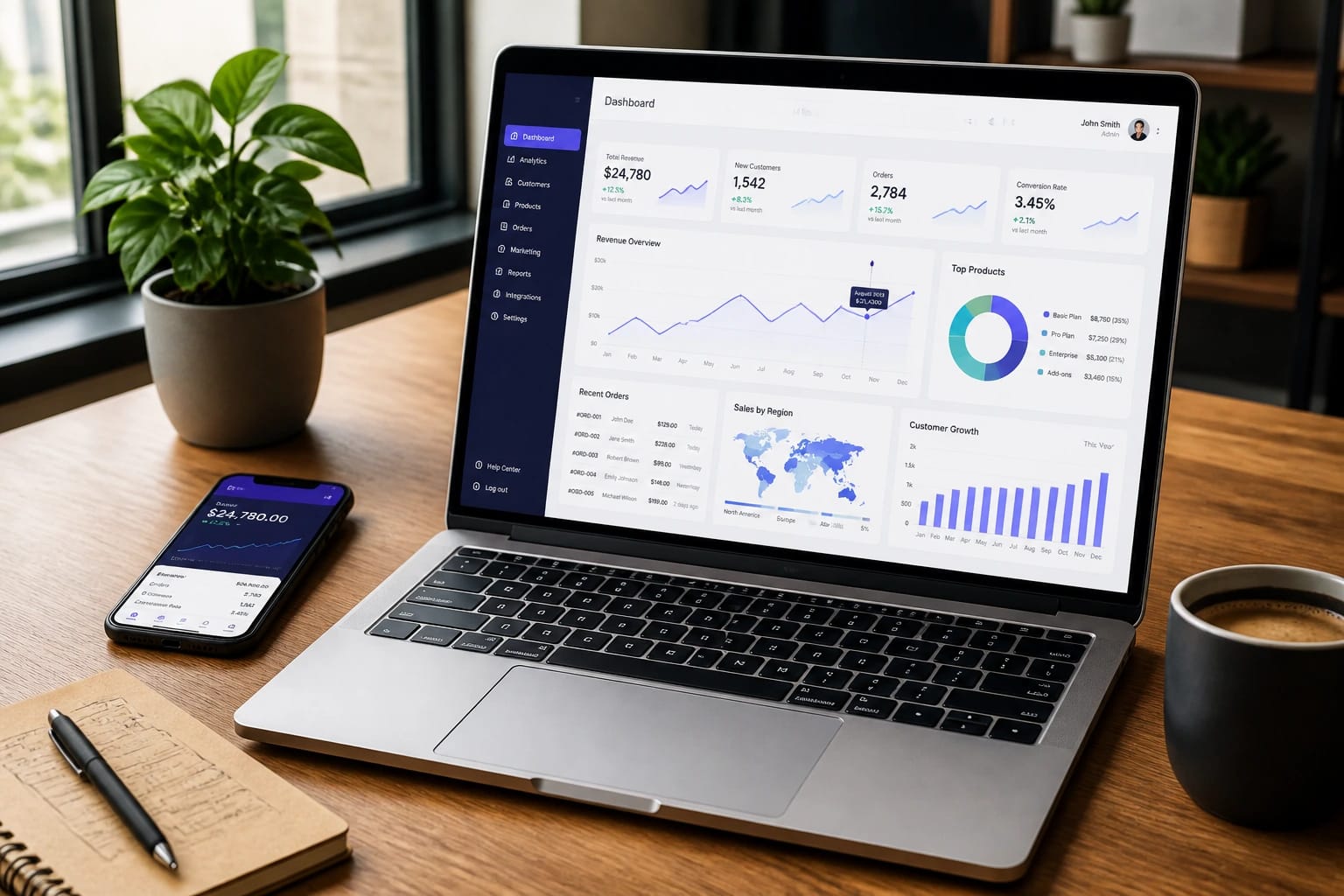 SaaS product desk with laptop dashboards and notebook
